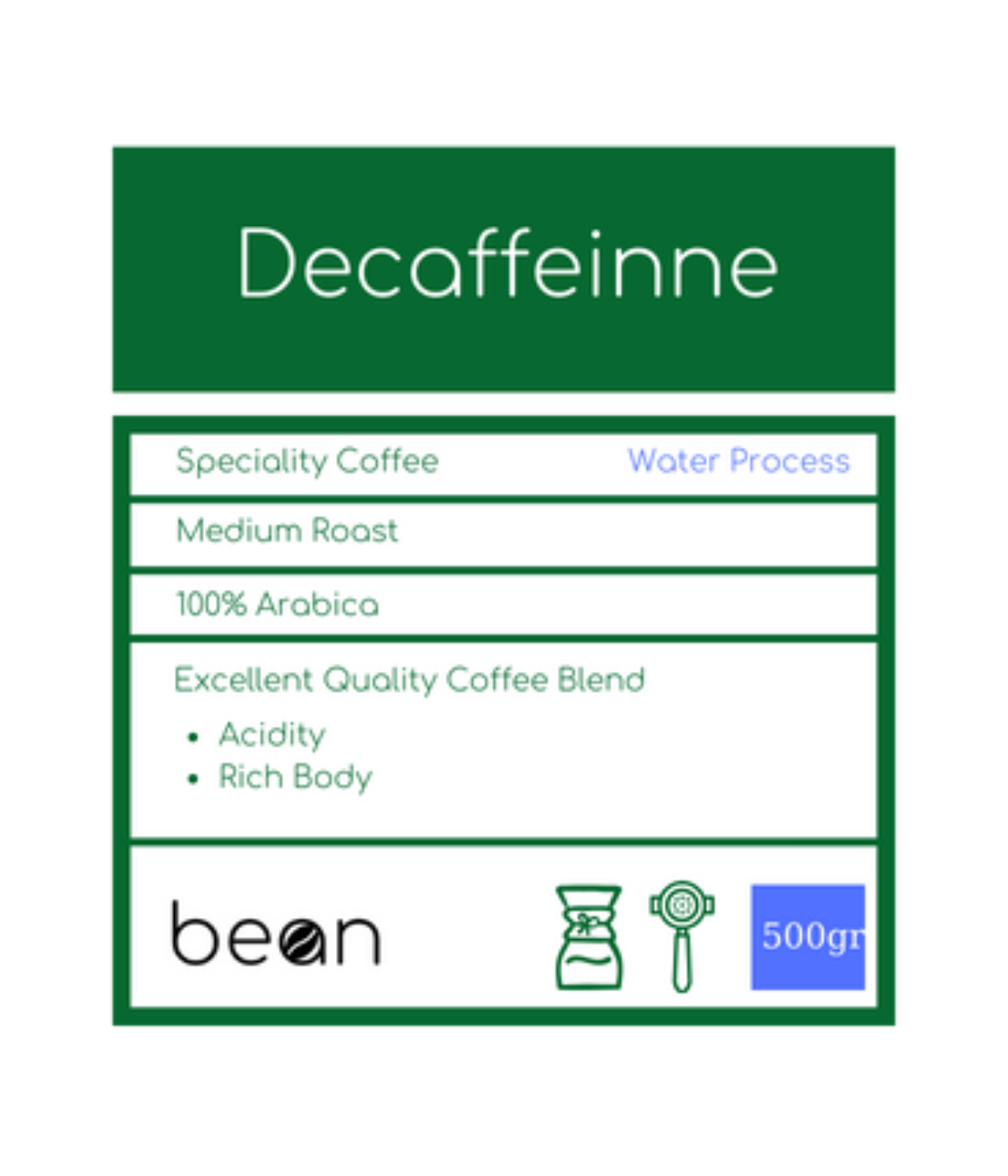 Bean Decaffeinne espresso blend 500gr